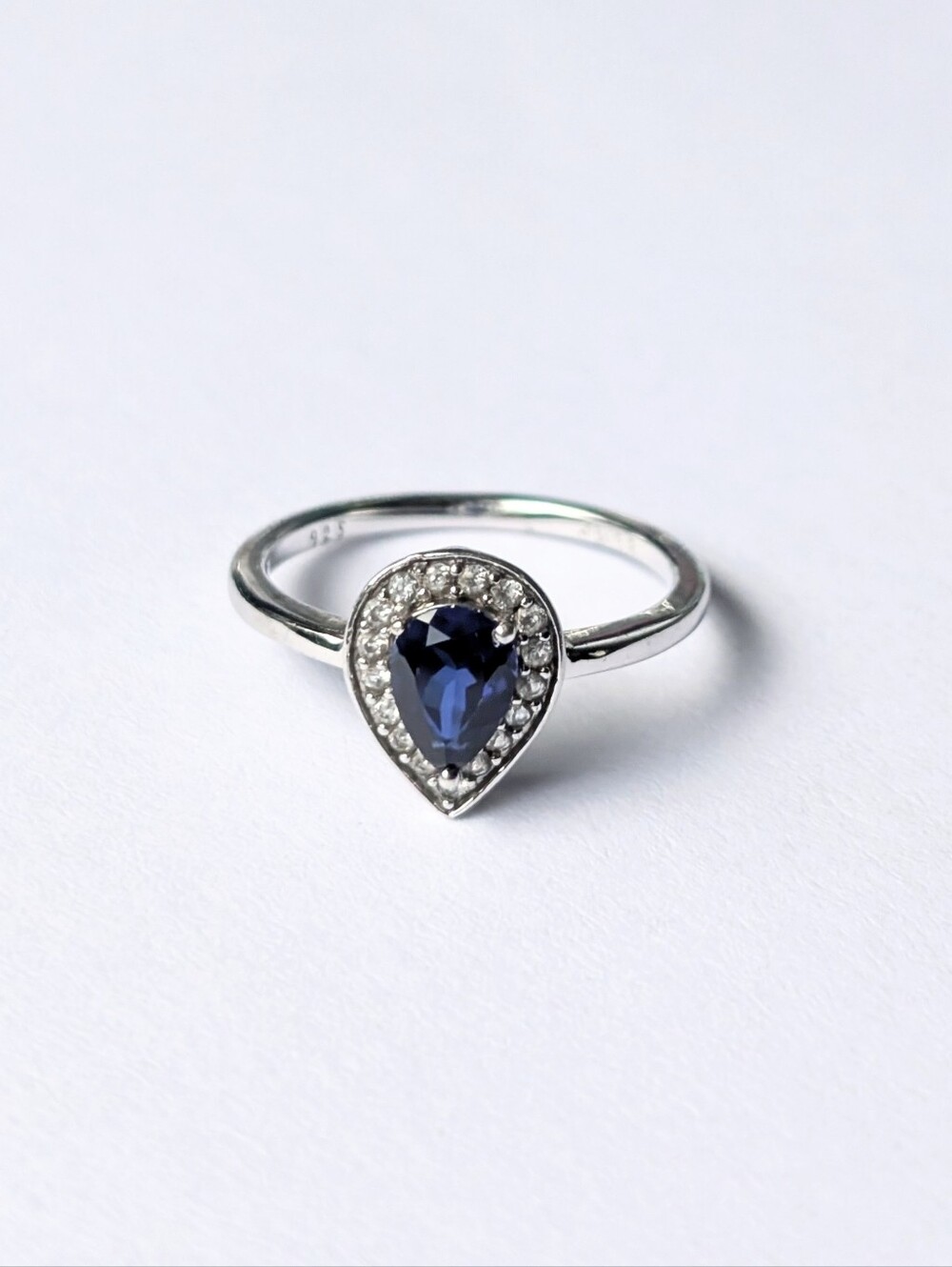 Sterling silver ring Pear shaped lab created blue white sapphire Rhodium JWBR